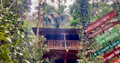 Eco lodge balcony overlooking forest in Sri Lanka