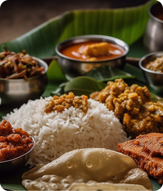 Traditional Sri Lankan rice and curry served on a banana leaf